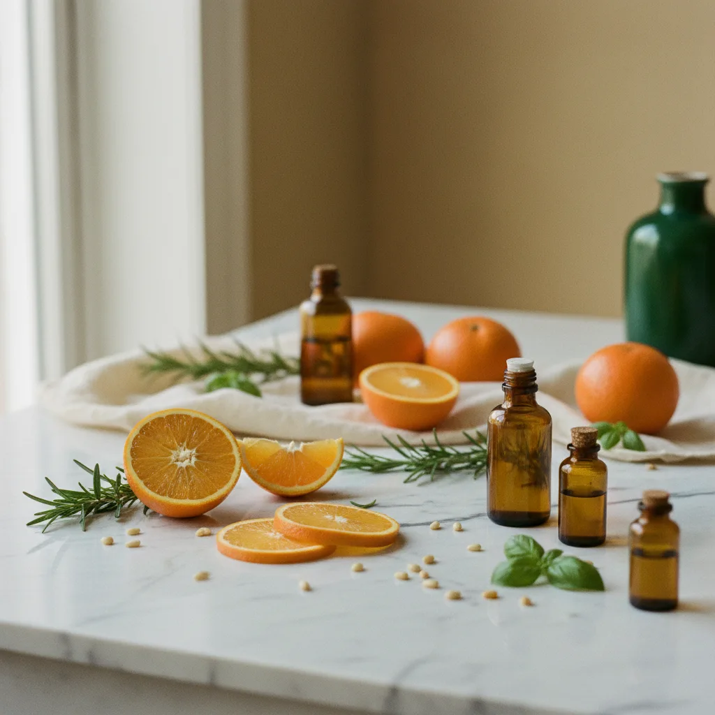 Färska citrusfrukter, örter och mineralkristaller på ett ljust köksbord i morgonljus